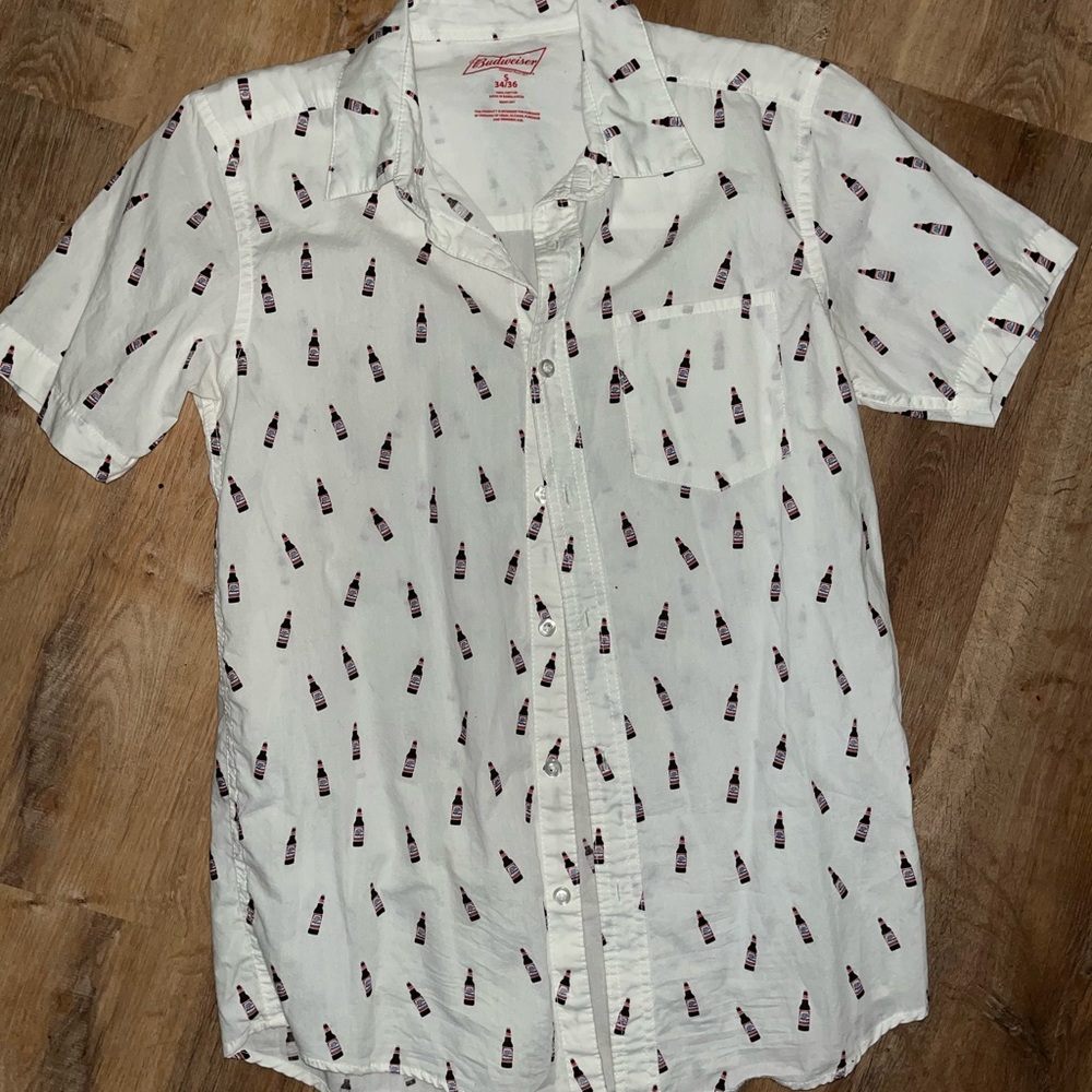 Budweiser White Short Sleeve Shirt button Down Bud Alcohol Beer Picnic Party